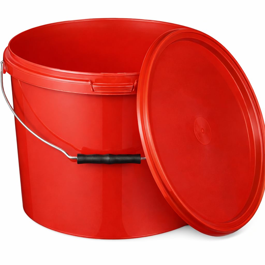 Benbow Red Bucket With Lid 2,20 Gal (10L) 20X 10 Litres - Food-Safe, Stable, Airtight, Leak-Proof, Odourless - Plastic Storage Container, With Handle - Empty