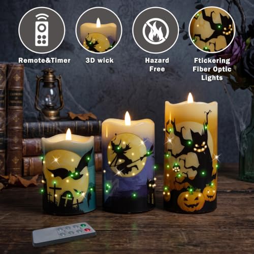 Image of Halloween Flameless Candles, Battery Operated Candles with Remote | Fiber Optic Flameless Pillar Candles Set Of 3 For Halloween Decorations Indoor