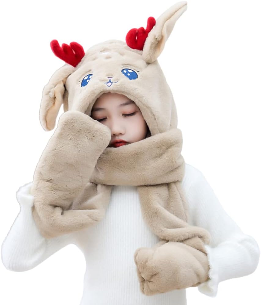 Scarf,Buckhorn Deer Moving Ears Winter Hat Scarf Gloves Set For Girl Hooded Scarf Deer Cap Plush Scarf With Pocket Scarf(Khaki)