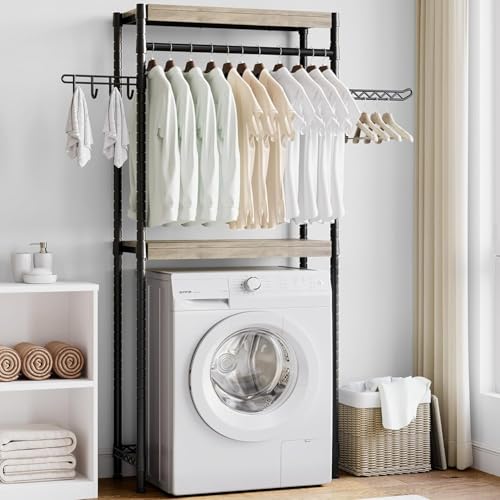 30" Washer Dryer Storage Shelf - Adjustable Height Laundry Organizer with 5-Tier Double-Layer Wood Shelves, Heavy-Duty Over-Unit Rack (100lb/Shelf) for Laundry Room, Bathroom & Balcony, Gray