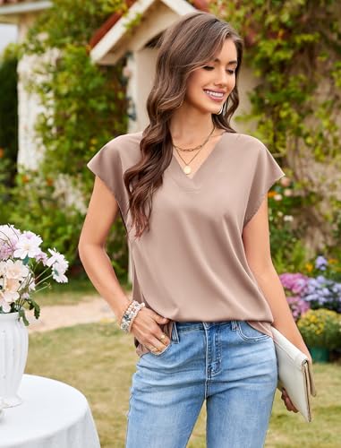 Women V Neck Tops Cap Sleeve Chiffon Blouses Summer Business Work Shirts4