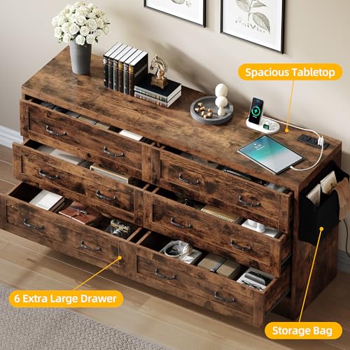 DWVO Farmhouse 6 Drawer Dresser for Bedroom, 31.5 Inch Tall Modern Dresser TV Stand with Large Drawers & Bar Handles, Storage Dressers with Power Outlets, Rustic Wood Chest of Drawers, Rustic Brown