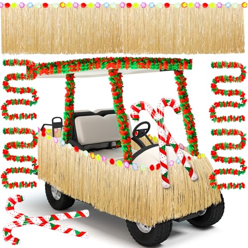 Weysat 8 Pcs Summer Christmas Golf Cart Decorations Kit Hawaiian Leis Red and Green Flower Banner Luau Grass Tropical Car Skirt Candy Canes Balloons for Christmas Golf Cart Parade