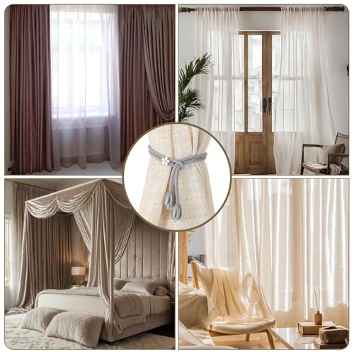 DOPENSPI 4 Stück Handgewebte Blumen Vorhang Raffhalter, 53cm Gardinenhalter ohne Bohren mit Verstellbare Curtain Rope Buckle Boho Raffhalter für Vorhänge Dekoration Wohnzimmer und Schlafzimmer(grau)