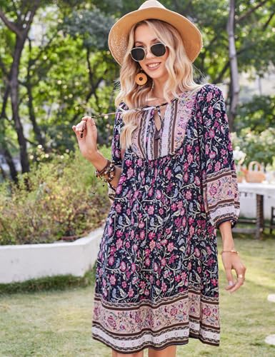 Image of Bluetime Women Casual Summer Dress Boho V Neck 3 /4 Sleeve Babydoll Floral Print Flowy Beach Dress