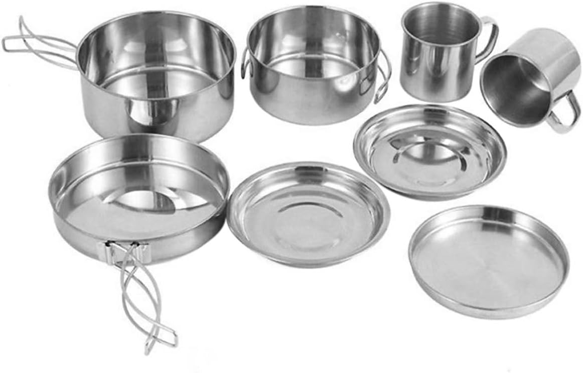 Camping Cookware Set Plates Stainless Steel with Foldable Handles and Easy to Carry Design, Portable Outdoor Cooking Pot Includes Stew Pot, Frying Pan for Camping and Fishing