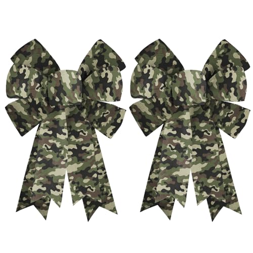 HIENAJ 2 Pack Army Wreath Bows Linen Camouflage Bows Burlap Military Camo Ribbon Bows for Wreath Military Theme Decor Bow for Retirement Party Indoor Outdoor Tree Topper Wreath Decoration Supplies
