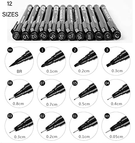 HIQE-FL 12Piece Fineliner Technical Drawing Pens Refillable for Lettering,Caligraphy Pen Black Brush, art pens black, art pens set