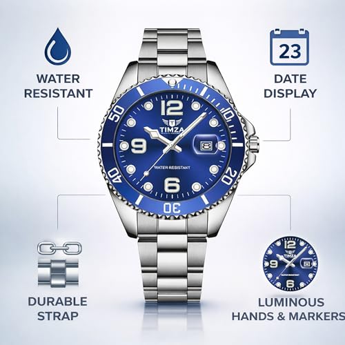 Image of Men's Analog Quartz Watch with Blue Dial, Stainless Steel Strap, Rotating Bezel, Luminous Hands and Water Resistant Design