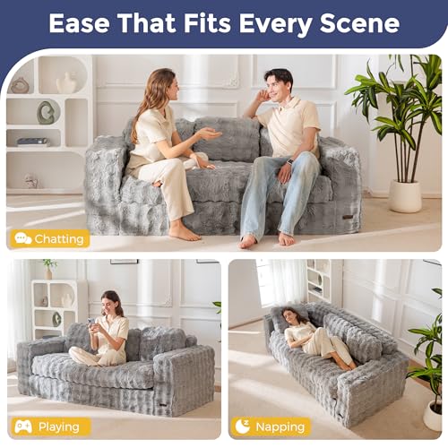 Image of MAXYOYO Loveseat Sofa Couch, Upholstered Bean Bag Chair Cloud Seat for Adults, Boneless Couch with Cushion & Pillows, Sofa in A Box, No Assembly Required, Bubble Grey, 3-Seat