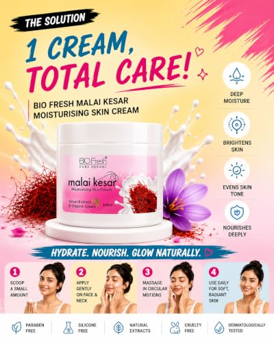 Image of BIOFRESH HERBALS Body Cream - Malai Kesar Deep Intense Moisturizing Cream Non-Greasy with 24-Hour Hydrating for Soft Dry Skin (800ml, Pack of 1)
