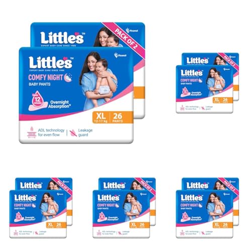 Image of Little's Baby Diapers XL Size (Extra Large) Pants Style | 12-17 kg | 52 Count | Comfy Nights Baby Diaper Pants with Leakage Guard & Upto 12 Hours Absorption (26 Count, Pack of 10)