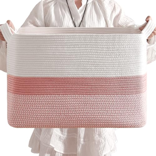 Image of CLHMILY&Z Stylish Square Cotton Rope Storage Basket (Pink & White, 85L)