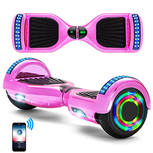 E-RIDES Hoverboard Overboard 6.5 Pouces, Hoverboard pour Enfant 10 a 15, Hover Scooter Board Bluetooth lumières LED et Moteur Puissant, Cadeau pour Enfant Adolescents et Adultes,Chrome Rose
