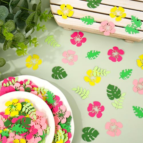 Image of Whaline 300 Pcs Summer Tropical Table Confetti Palm Leaves Hibiscus Floral Confetti Table Centerpieces for Hawaiian Luau Party Decoration