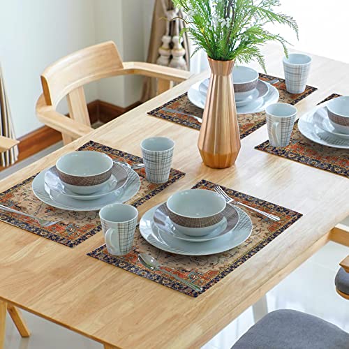 Image of Aztec Terracotta Boho Placemats Set of 6 Vintage Rust Retro Carpet Linen Washable Kitchen Dining Table Mats Stain Heat-Resistant Desktop Decor Place Mats for Home Party Indoor 12x18 Inches