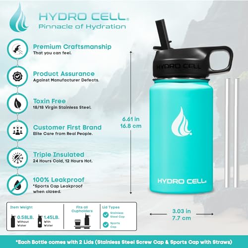 Image of HYDRO CELL Stainless Steel Insulated Water Bottle with Straw - For Cold & Hot Drinks - Metal Vacuum Flask with Screw Cap and Modern Leakproof Sport Thermos for Adults (Teal 14oz)