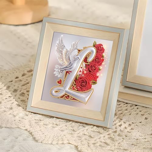 Image of AiYuanzsh 5D Diamond Art Kits for Adults Letter L, Lovely Floral Rose & Dove DIY Diamond Painting Kit for Beginners, Special Shape Alphabet Diamond Art Craft for Home Wall Display 17x17cm