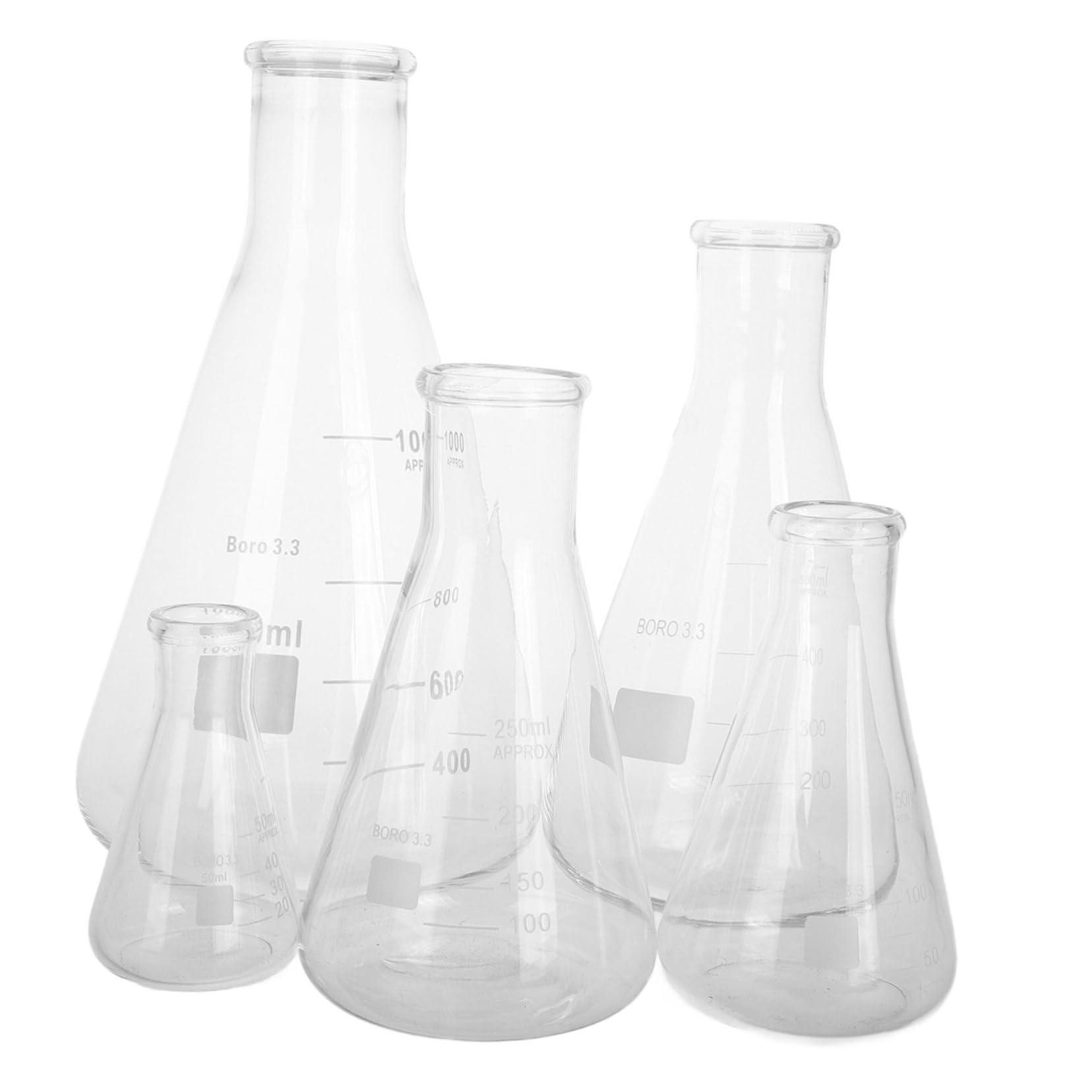 TOPBATHY Set 5 Beute Erlenmeyer in Vetro Borosilicato Resistente al Calore, Capacità 50 Ml-1, Palloni Conici Stabili per Applicazioni Chimiche e Laboratorio Scientifico