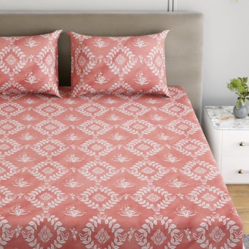 Image of Dreamscape Microfibre Wrinkle & Fade Resistant King Fitted Bedsheet with 2 Pillow Covers - (Size 72 x 78 inches, TC, Colour - Coral)
