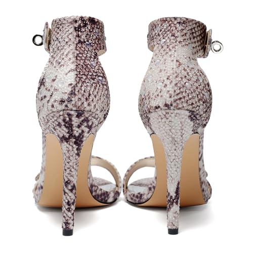 Image of Women's Snake Print Rhinestone Ankle Strap Stiletto Sandals Open Toe & Turn Lock Party /Wedding /Nightclub Shoes Snake US7