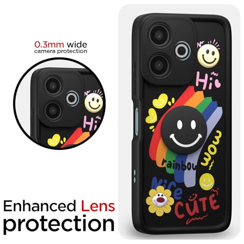 Image of Pikkme Back Cover for Redmi 13 5G / Poco M6 Plus 5G | Soft Silicone| Cute Rainbow Smile & 3D Cartoon Flower Design | Shockproof Raised Camera Protection Bumper Case (Black)
