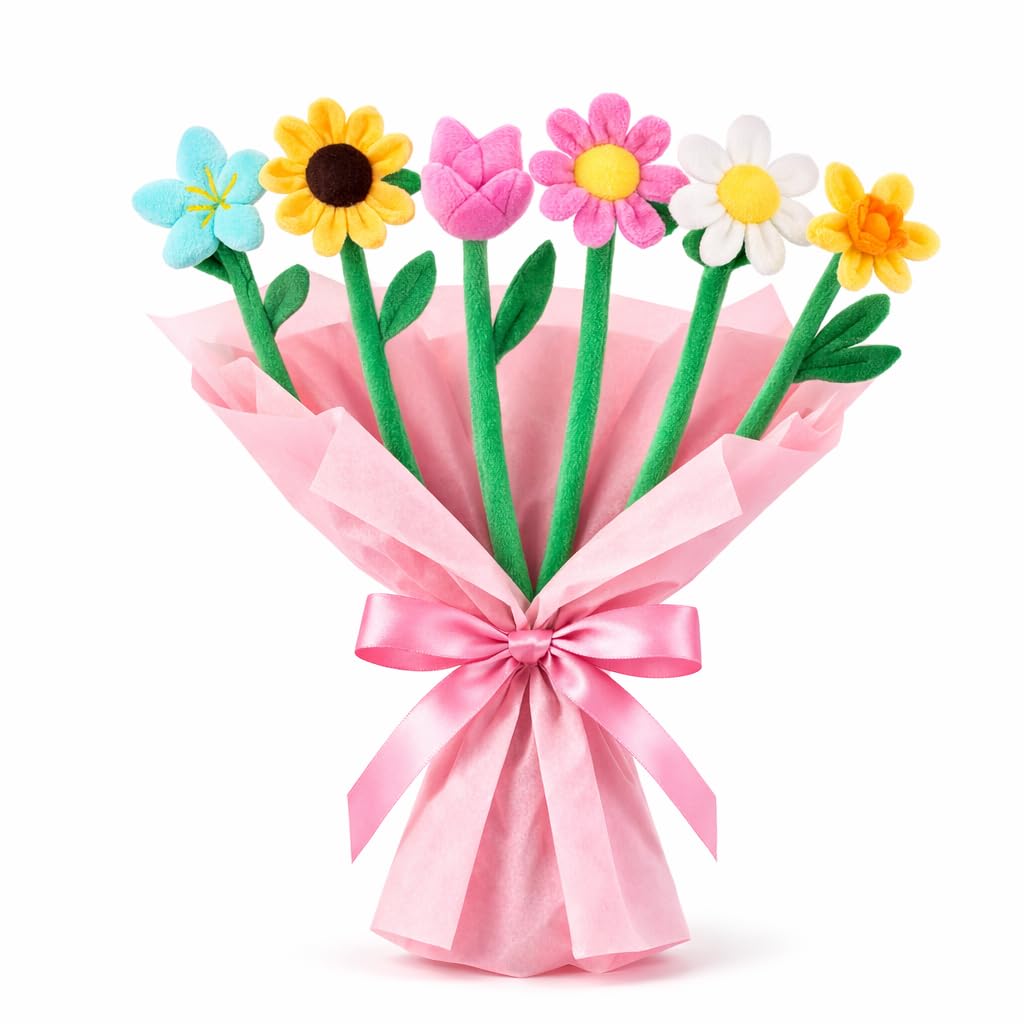 Quickdraw Plush Flower Bouquet Set of 6 – 30cm Bendy Stem Soft Toy Flowers, Everlasting Easter Gift Alternative to Real Flowers for Birthday, Easter & Teacher Present