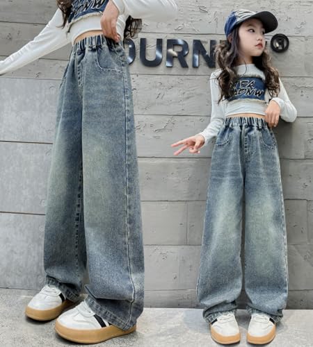 Kids Girls' Fashion Elastic Waist Wide Leg Baggy Denim Pants Straight Washed Loose Jeans Age 5-14 Years4