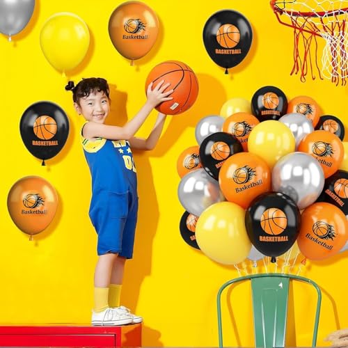Image of Basketball Balloons, 30 Pcs 12inch Orange Black Metallic Silver and Basketball Printed Latex Balloons for Sport theme Party Boys Birthday Decorations