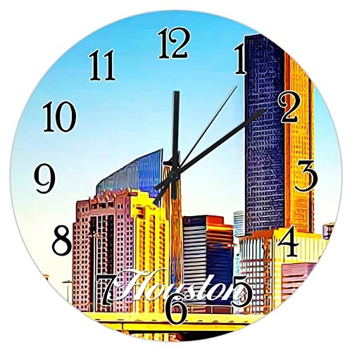 American City in Texas Wood Wall Clock USA City Houston Home Decorative Clocks Farmhouse Battery Operated Clocks Country Souvenir Gift Round Clock for Bedroom 15inch