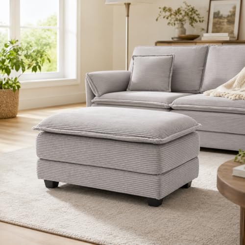 Image of Corduroy Ottoman for Sectional Sofa Couch for Living Room, Apartment, Lightgrey