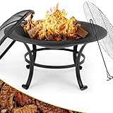 Feuerschale(Φ76cm), Feuerschale mit Funkenschutz&Grillrost, Feuerstelle für Grillen, Feuerschalen mit schürhaken, Schwarz Feuerkorb, Feuerschale zum Heizen und BBQ