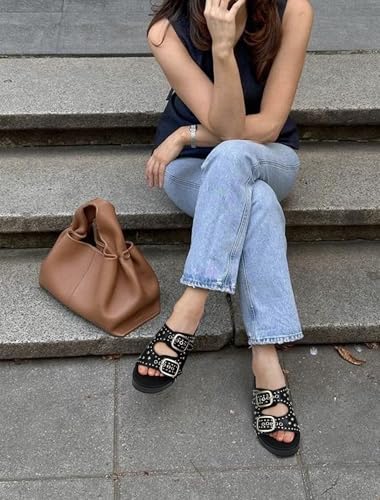 Image of Raffia Sandals for Women Platform Slide Sandals Espadrille Adjustable Double Buckle Summer Comfortable Cute Woven Casual Beach Shoes