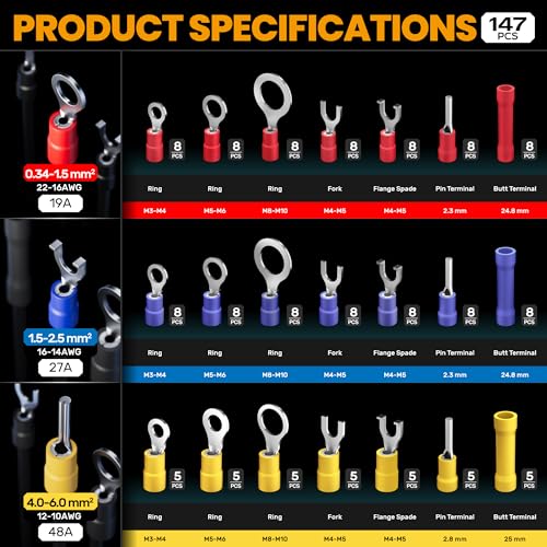 SOMELINE® Insulated Wire Terminal Crimping Tools Kit, 21 Sizes Crimping Tool Set with Terminals, Cable Lugs, Butt Plugs for 0.34-6mm²(AWG 22-10) Electrical Wire