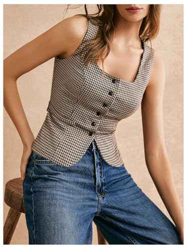 SHENHE Women's Square Neck Plaid Vest Button Up Houndstooth Dressy Business Waistcoat Suit Vest4