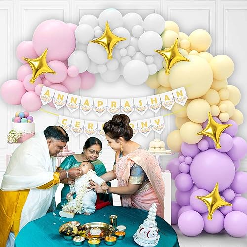 Image of Party Propz Annaprashan Decorations Items - 46 Pcs Pastel Balloons For Decoration with Rice Ceremony Banner, Star Foil Balloons, Baby Annaprasana Decoration Items, Annaprasana Decoration Backdrop