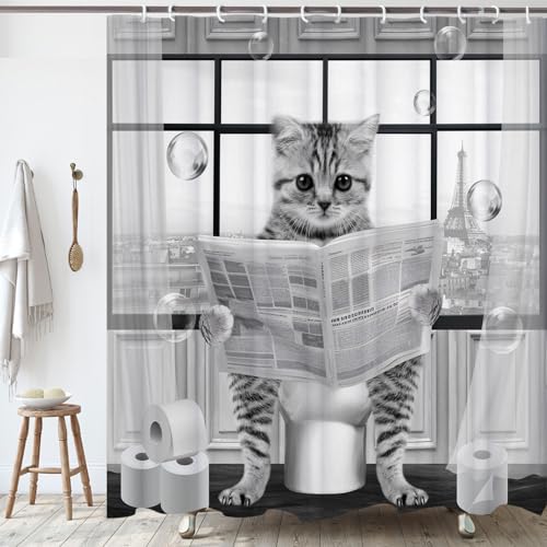 Image of Cute Cat Shower Curtain, Funny Cat Reading on Toilet Shower Curtain Set, Black White Grey Fabric Shower Curtains for Kids Bathroom with Hooks 72X72inches