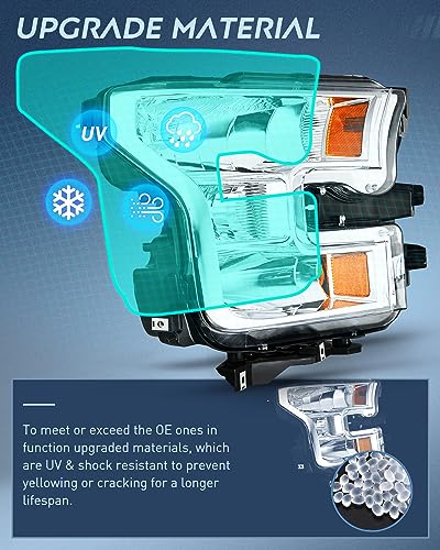 Image of Nilight Headlight Assembly Compatible with 2015 2016 2017 Ford F-150 Headlamps Replacement Chrome Housing Amber Reflector Upgraded Clear Lens Driver and Passenger Side