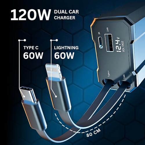 Image of Premium Car Charger Fast Charging 120W | 60W Type-C + Lightning | 4-Port