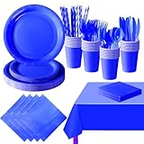 PYAILI 193 Pcs Jewel Blue Party Tableware Set, Paper Plates Cups Napkins Tablecloth, Dinnerware Set for Kids Adult Birthday,Wedding,Baby Shower Party Tableware