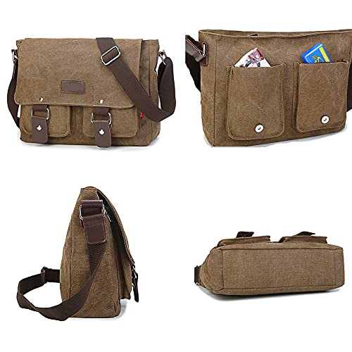 Umhängetasche, Vintage Canvas Schultertasche Herren, Multifunktionstasche mit Verstellbarem Schultergurt, für Schule und Arbeits,für Männer und Frauen, Braun