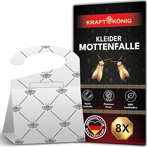 KRAFTKÖNIG Mottenschutz für Kleiderschrank 8 Stück - Premium Mottenfalle Kleidermotten mit Langzeitwirkung - Auch für Kleiderstangen geeignet - geruchlose Kleidermottenfalle - Made in Germany