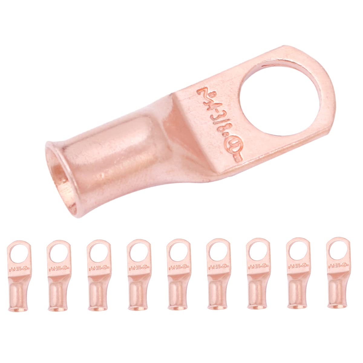 SELTERM 4 AWG (25 mm²) - 3/8" (M10) ⌀ Hole UL Heavy Duty Wire Lugs, Battery Cable Ends, Bare Copper Eyelets, Tubular Ring Terminal Connectors [B35] - 10 Pack