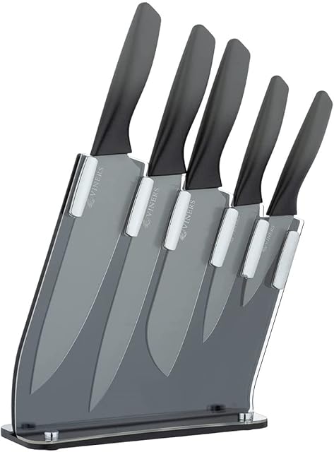 Viners Twilight Knife Block Gift Box | 5 Kitchen Knives Set & Knife Holder with a 10 Year Guarantee | Two Tone Black & Grey, 6 Piece, Stainless Steel