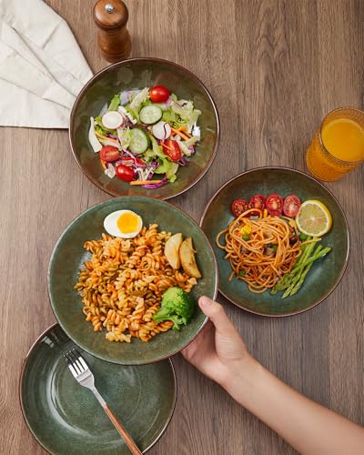 Image of Pokini 32 Piece Double Bowl Dinnerware Sets with Pasta Bowls, Highly Chip and Crack Resistant Plates and Bowls Sets, Natural Earthyware Ceramic Dishware Sets, Service for 8 Brown Green