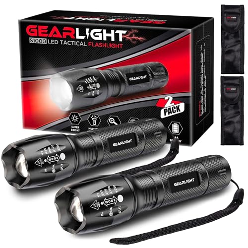 GearLight LED Flashlights – Mini Camping Flashlights with High Lumens, 5 Modes, Zoomable Beam – Bright and Versatile Flash Light for Outdoor and Home Use – S1000-2 Pack, (Batteries Not Included)
