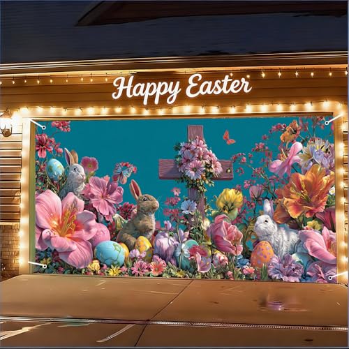 Image of Spring Floral Cross Garage Door Cover 157x70 inch Bunny Colorful Eggs Butterfly Christian Outdoor Mural Waterproof Easter Home Decor