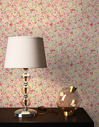 NEWROOM Papier peint Beige Fleur Intissé - Maison de Campagne Rose Vert Fleurs Prairie Romantique