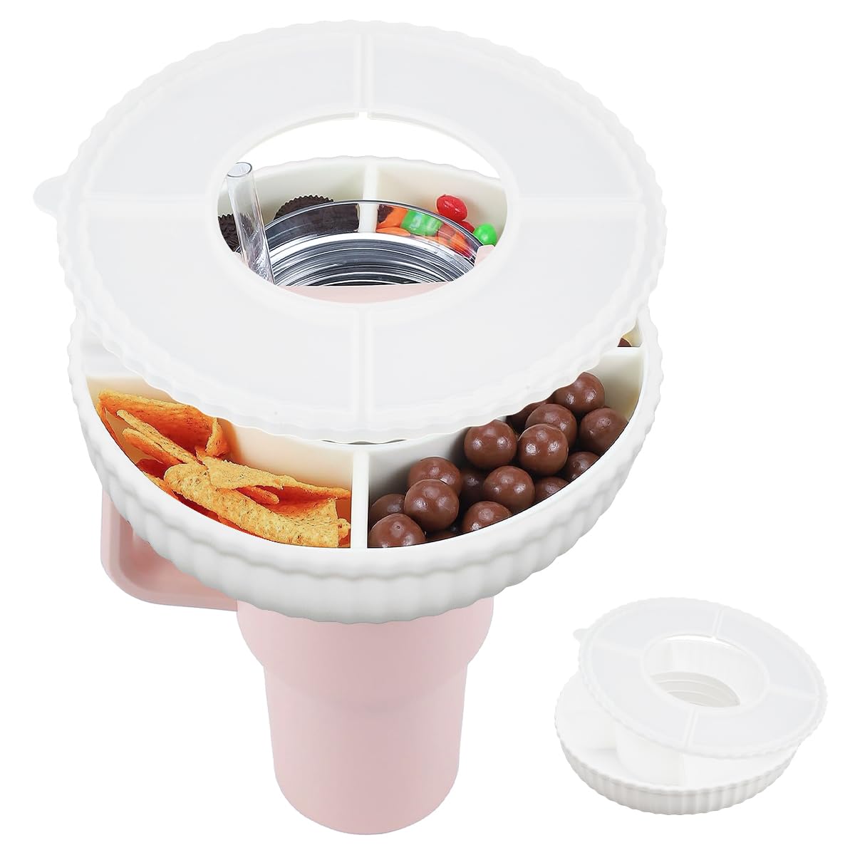 Musiwanna Snackschaal met deksel compatibel met Stanley Cup 1,18 l, snackkom voor 40 oz beker met handvat, siliconen snackring met 4 vakken, snackhouder voor auto en bioscoop (rozenrood) GEEN beker