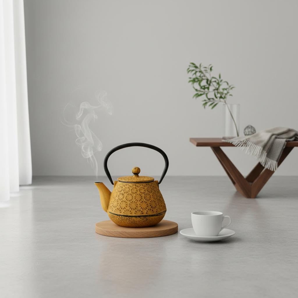 Tetera de Hierro Colado 0,6L Amarilla con Diseño Floral - NOVEDAD